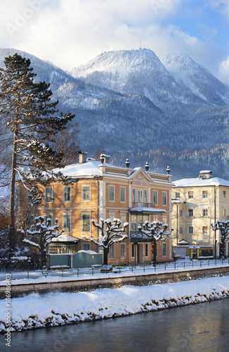 Austria, Bad Ischl, Lehar Villa at Traun river in winter photo