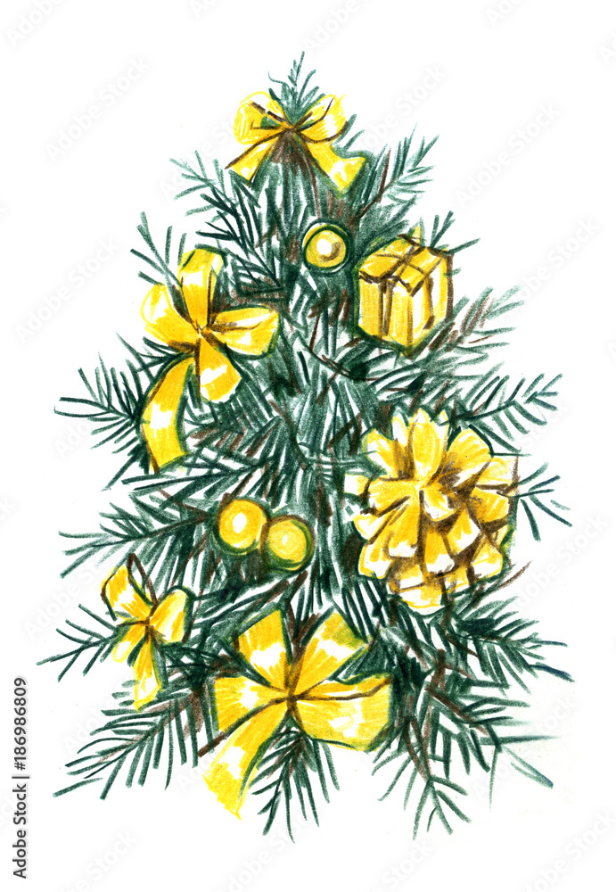 Christmas tree with balls hand drawn llustration. Pencil realistic sketch