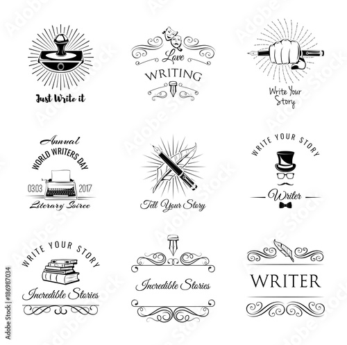 Writer vintage labeles and badges set. Vector illustration on a white background.