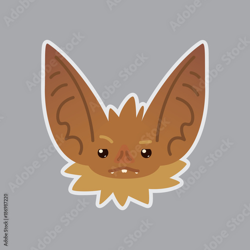 Bat emotional head. Vector illustration of bat-eared brown creature shows distrust emotion. Suspicious emoji.