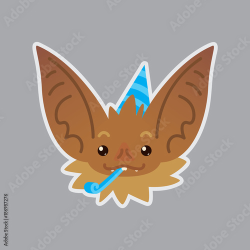 Bat emotional head. Vector illustration of bat-eared brown creature shows holiday emotion. Celebrating emoji.