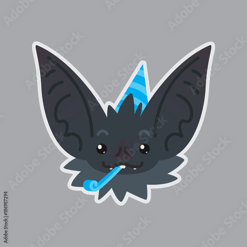Bat sticker. Emoji. Vector illustration of cute Halloween bat vampire shows holiday emotion. Celebrating.