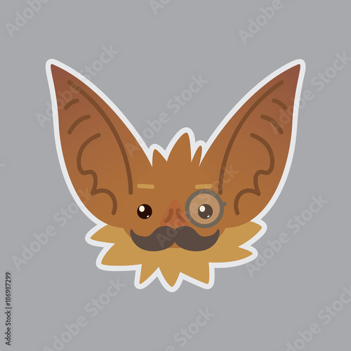 Bat emotional head. Vector illustration of bat-eared brown creature shows intellectual emotion. Mister in monocle with moustache emoji.