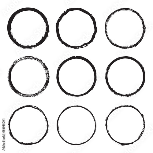 Vector set of round frames and borders, painted with an ink brush. Black grunge frame with rough edges isolated on white background
