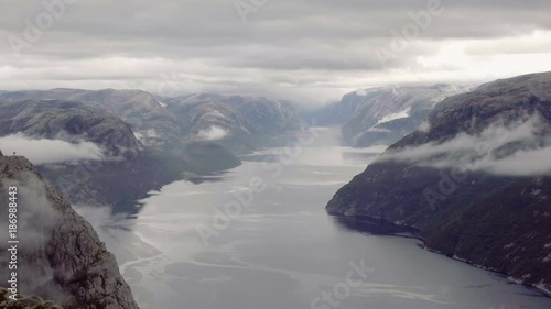 Drone shot at Preikestolen in Rogaland, Norway, front view