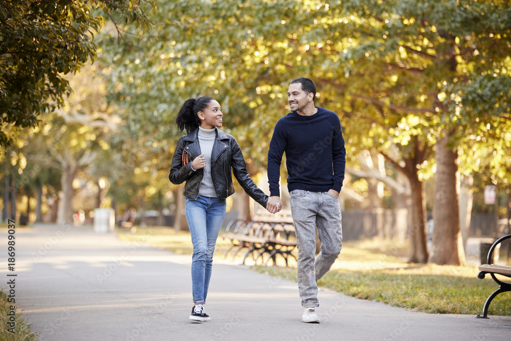 Fototapeta premium Young Hispanic couple walking hand in hand in Brooklyn park