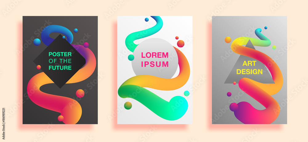 Posters with liquid color shapes. Futuristic trendy abstract covers. Fluid backgrounds set. Vector illustration Eps10.