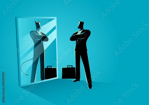 Businessman standing in front of a mirror, reflecting a devil