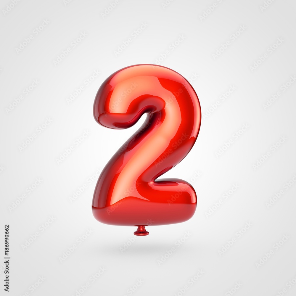 Fototapeta premium Glossy red balloon number 2 isolated on white background.