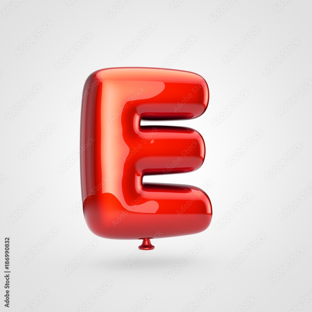 Glossy red balloon letter E uppercase isolated on white background.