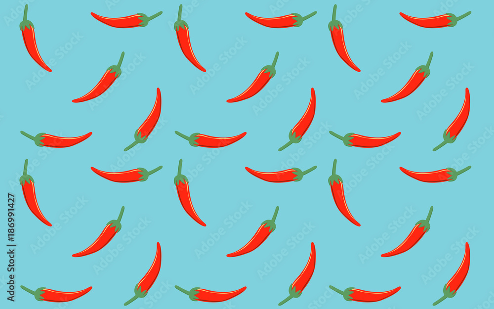 seamless pattern of Hot red chili pepper in flat icon design on blue color background seamless pattern of Hot red chili pepper in flat icon design on blue color background