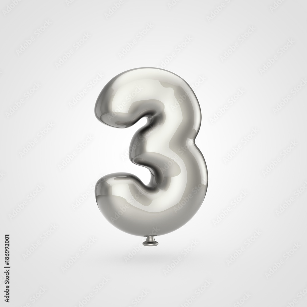 Glossy silver balloon number 3 isolated on white background. Glossy silver balloon number 3 isolated on white background.
