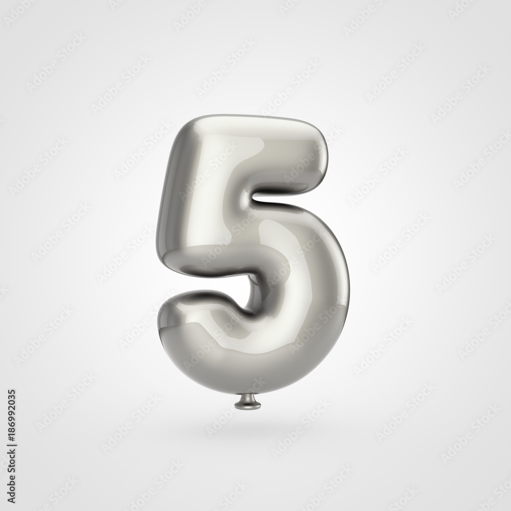 Naklejka premium Glossy silver balloon number 5 isolated on white background.