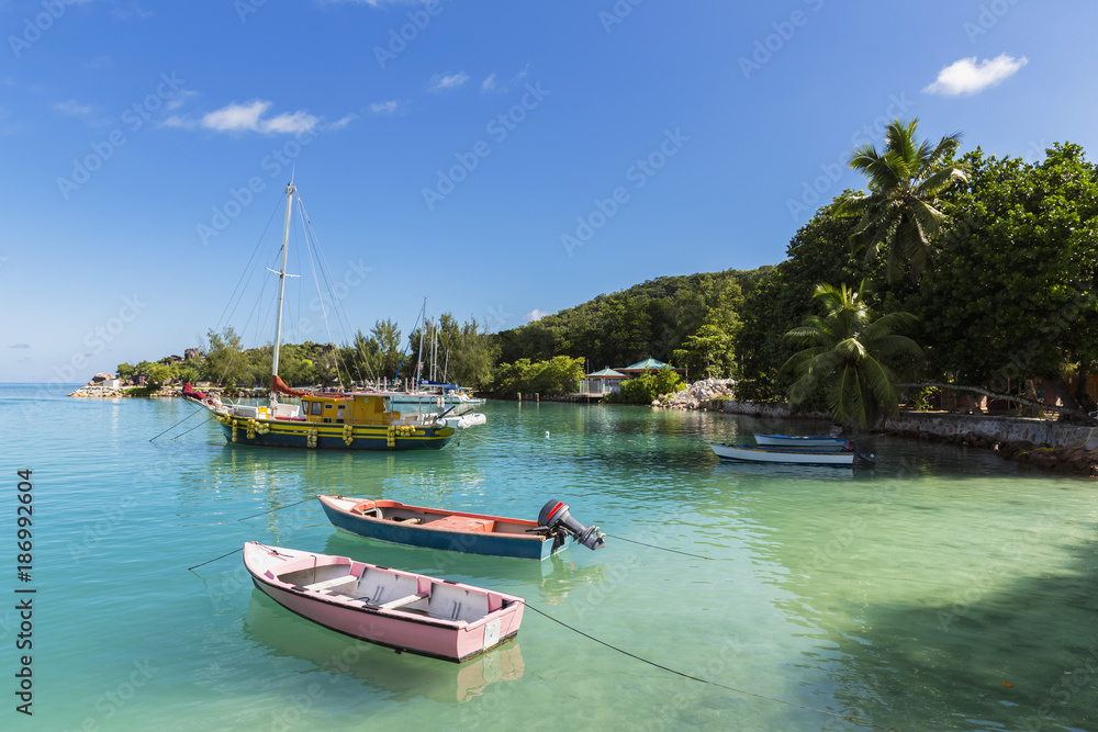 Seychelles, La Digue, harbor and boats Seychelles, La Digue, harbor and boats