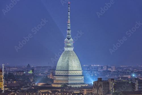 Italy, Piemont, Turin, Aerial view with Mole Antonelliana at night photo