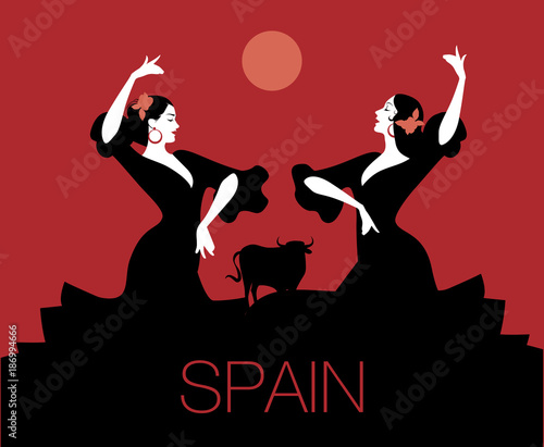 Two Spanish flamenco dancers dancing "sevillanas", typical Spanish dance. Bull, moon or sun in the background.