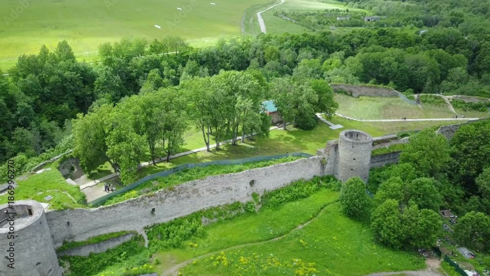 Aerial view from drone ancient destroyed fortress. Koporye. St. Petersburg. Russia Aerial view from drone ancient destroyed fortress. Koporye. St. Petersburg. Russia
