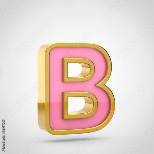 Pink letter B uppercase with golden outline isolated on white background.