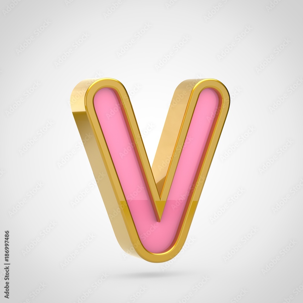 Pink letter V uppercase with golden outline isolated on white background. Pink letter V uppercase with golden outline isolated on white background.