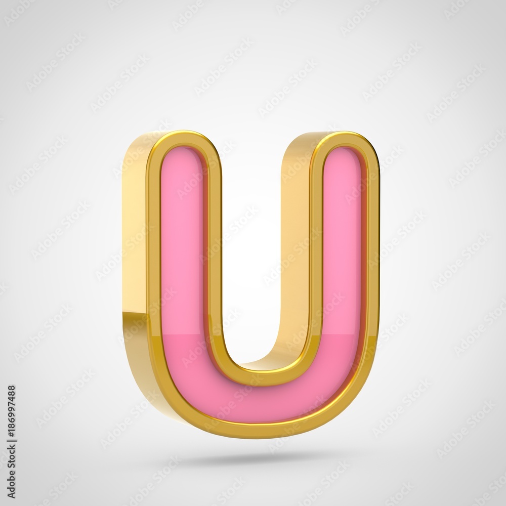 Pink letter U uppercase with golden outline isolated on white background. Pink letter U uppercase with golden outline isolated on white background.
