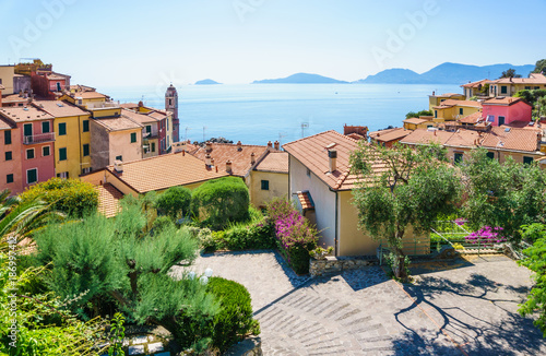Tellaro village panoramic view of beautiful colorful mediterranean houses, Lerici, La Spezia, Italy. photo