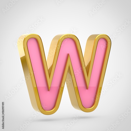 Pink letter W uppercase with golden outline isolated on white background.