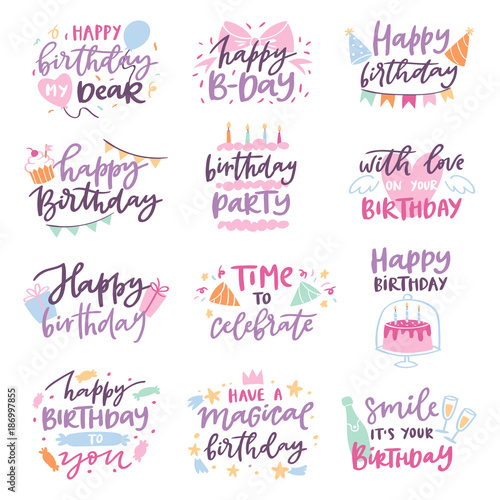 Happy birthday quote anniversary text sign kids birth lettering type with calligraphy letters or textual font for anniversary greeting card to typography illustration isolated on white