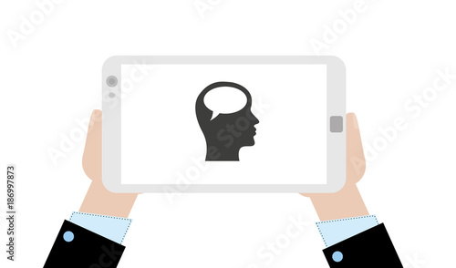 Geschäftsmann mit Tablet - Person mit Sprechblase - Meinung
