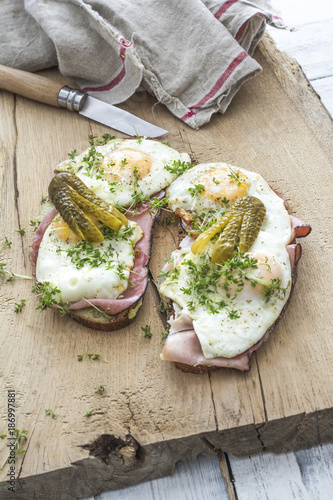 Strammer Max with avocado dip on wooden board photo