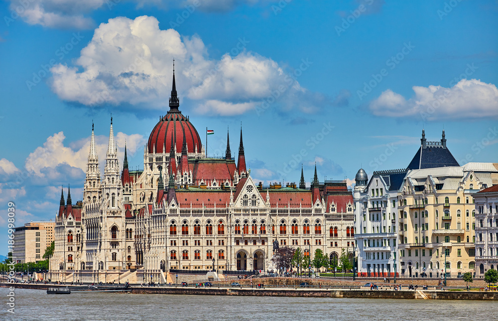 Panorama with building of Hungarian parliament at Danube river