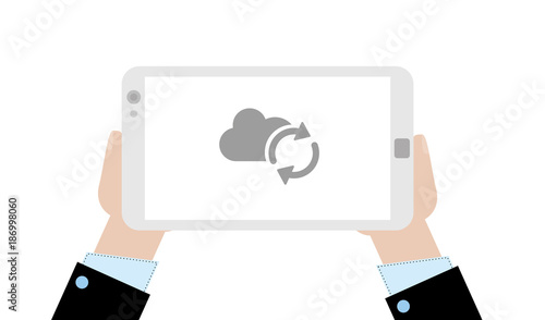 Geschäftsmann mit Tablet - Wolke - Synchronisation