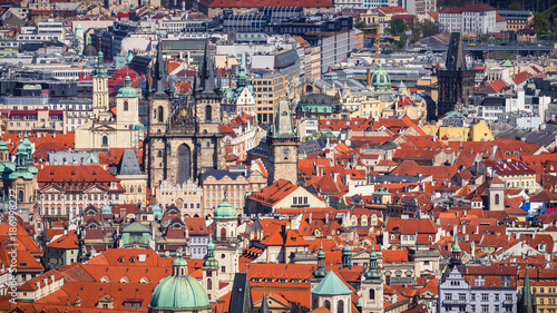 Panoramic view of Old town of Prague with tiled roofs. Prague, Czech Republic