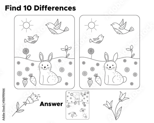 Find ten differences, task for preschool kids. With answer. Coloring page or book for children. Educational game. Vector illustration.