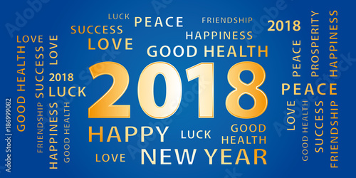 2018 Happy New Year greetings vector banner. Blue and gold.