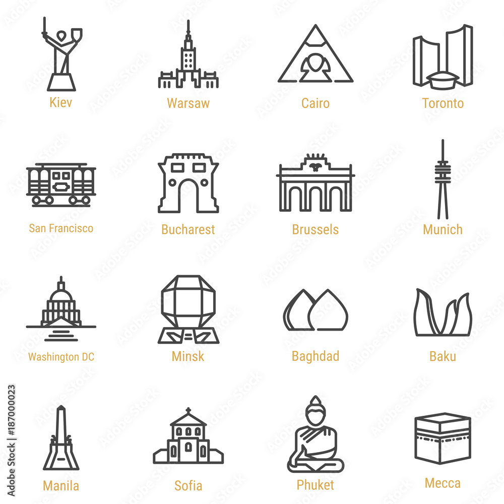 Obraz na plátně World Landmarks - Vector Line Icon Set - Part III