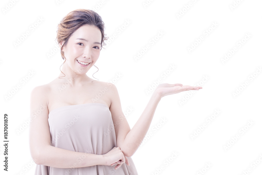 Beautiful Asian Woman Portrait. Beautiful Woman looking to camera. Korean Woman Touching her Face. People with Youth and Skin Care Concept. isolated on white background. Beautiful Asian Woman Portrait. Beautiful Woman looking to camera. Korean Woman Touching her Face. People with Youth and Skin Care Concept. isolated on white background.