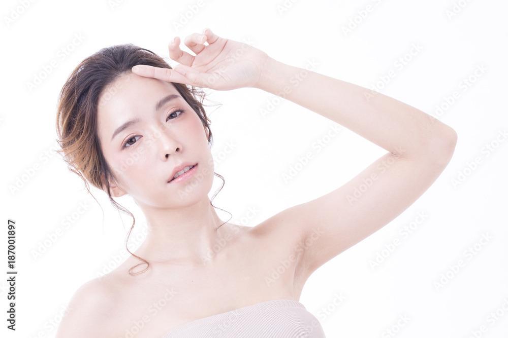 Beautiful Asian Woman Portrait. Beautiful Woman looking to camera. Korean Woman Touching her Face. People with Youth and Skin Care Concept. isolated on white background. Beautiful Asian Woman Portrait. Beautiful Woman looking to camera. Korean Woman Touching her Face. People with Youth and Skin Care Concept. isolated on white background.
