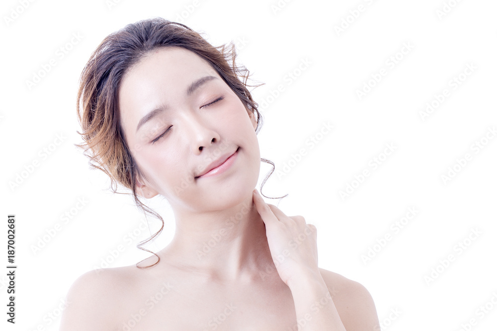 Beautiful Asian Woman Portrait. Beautiful Woman looking to camera. Korean Woman Touching her Face. People with Youth and Skin Care Concept. isolated on white background. Beautiful Asian Woman Portrait. Beautiful Woman looking to camera. Korean Woman Touching her Face. People with Youth and Skin Care Concept. isolated on white background.