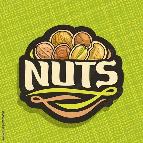 Vector logo for Nuts, cut sign with pile of healthy walnut, australian macadamia nut, sweet almond, forest hazelnut, cracked pistachio, peanut in nutshell, veg mix label with text nuts for vegan store