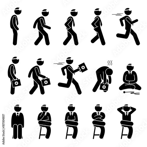 Basic Doctor Movements and Actions. Stick figure pictogram depicts a doctor standing, walking, running and sitting. The doctor is running fast carrying first aid kit representing emergency and urgent.