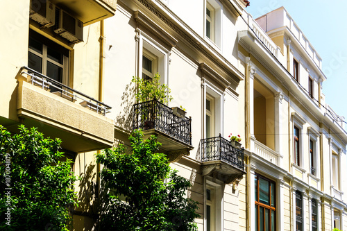 Street view of modern buildings in Athens, Greece