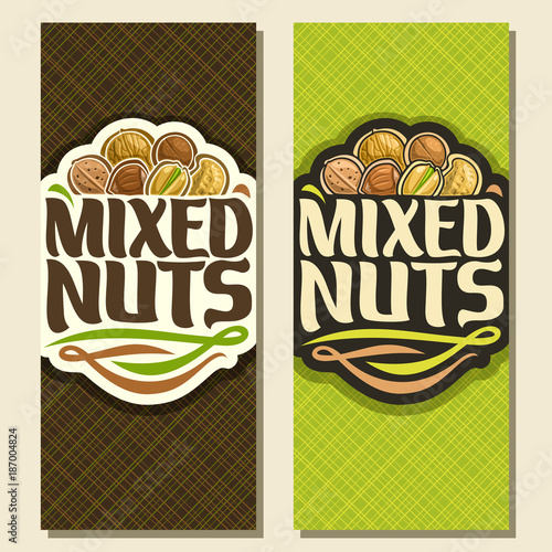 Vector banner for Nuts, cut sign with pile of walnut, australian macadamia nut, sweet almond, forest hazelnut, cracked pistachio, peanut in nutshell, veg mix label with text mixed nuts for vegan store
