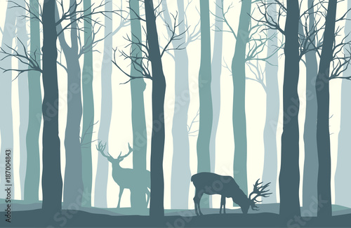 Vector forest landscape with two deer in pastel tones - vintage background
