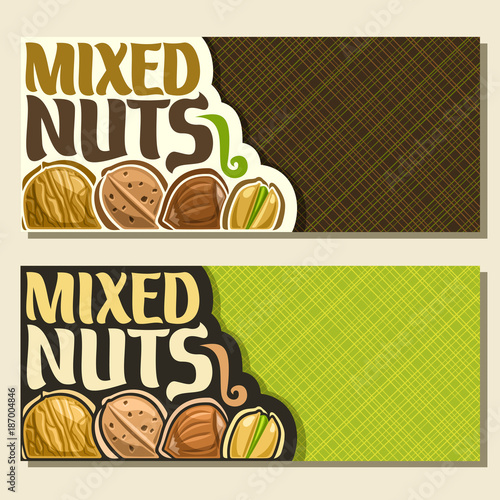 Vector banners for Nuts with copy space, card with healthy walnut, sweet almond nut, forest hazelnut, pistachio in cracked nutshell in a row, veg mix label with text mixed nuts for vegan grocery store