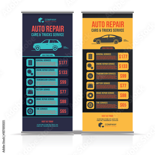 Design of banners. Set of Auto Repair Cars & Trucks Service layout, cars for sale & rent brochure, mockup flyer. Vector illustration.