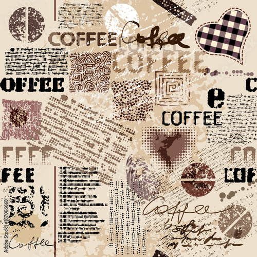 Koffie. Abstract koffiepatroon op bruine achtergrond met een belettering. Naadloze patroon.