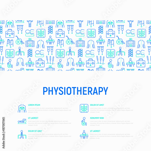 Physiotherapy concept with thin line icons: rehabilitation, physiotherapist, acupuncture, massage, gymnastics, go-carts, vertebrae; x-ray, trauma, crutches. Vector illustration, web page template.