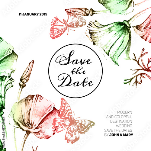 Vintage wedding invitation with watercolor flowers. Save the dat