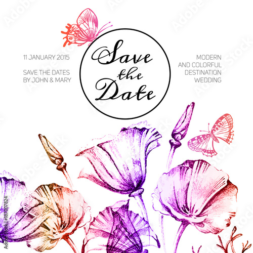Vintage wedding invitation with watercolor flowers. Save the dat