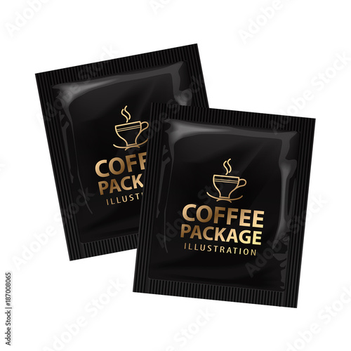 Realistic offee or cocoa sachet. Vector mock up template set. Product packaging on white background